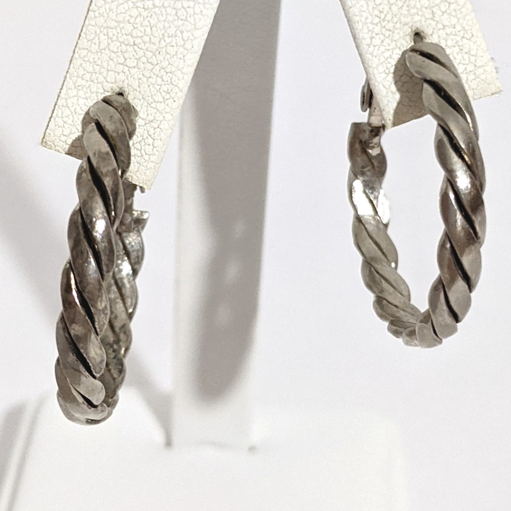 Vintage 80's Twisted Silver Hoop Pierce Earrings